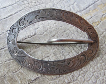 Sash Sterling Silver Antique Pin Brooch, Etched Floral Sterling Silver Buckle Sash Belt Pin Brooch, Stamped Sterling, Victorian to Edwardian