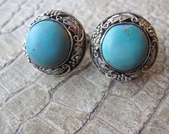 Chinese Turquoise Blue Stone Screw Back Silver Earrings Asian Vintage Blue Stone Earrings, Screw On Nonpierced Chinese Deco Antique Earrings