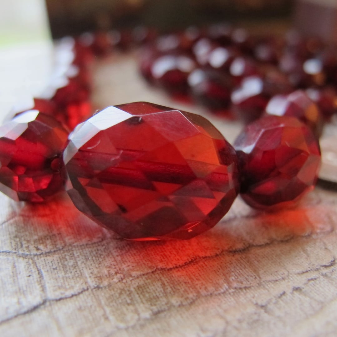 Faceted Cherry Red Bakelite Bead Long Necklace, True Vintage