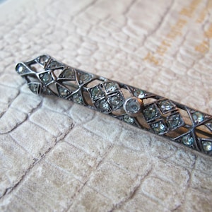 Edwardian - Art Deco Paste Stone Sterling Silver Bar Lace Collar Pin Brooch. 1910s- 1930s Sterling Clear Crystal Rhinestone Gem Look Pin