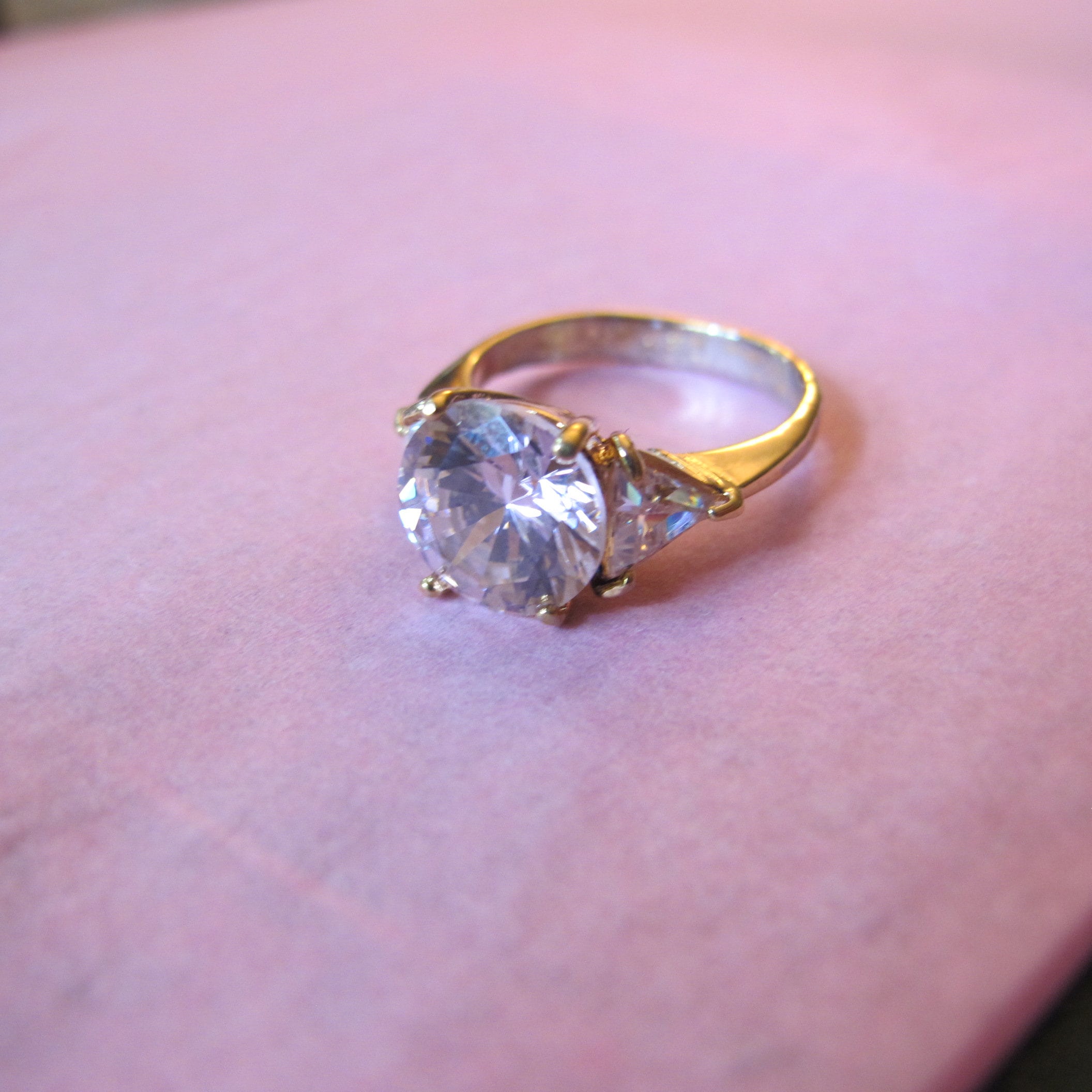 AFJ Sterling Signed, Bright Pink CZ Round Brilliant Solitaire Gold