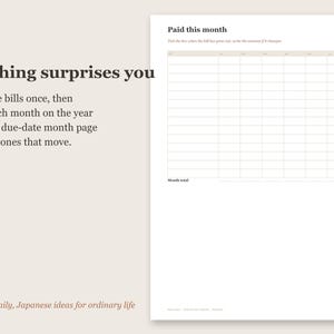 Puede incluir: Una p&aacute;gina de planificador de papel blanco titulada Paid this month con una cuadr&iacute;cula para rastrear facturas. El texto dice Nothing surprises you, List the bills once, then tick each month on the year grid. Ikigai Daily, Japanese ideas for ordinary life.