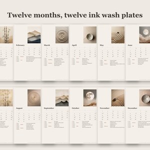 May include: A twelve-month wall calendar titled Twelve months, twelve ink wash plates. Each page features a unique ink wash illustration, including bamboo, mountains, and zen garden patterns, alongside a monthly grid with dates and text.