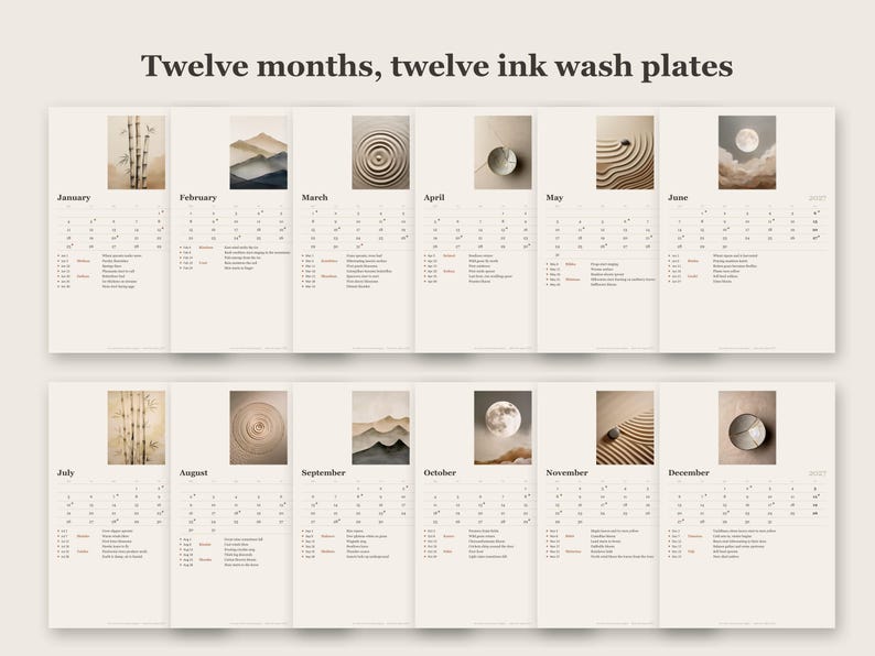 May include: A twelve-month wall calendar titled Twelve months, twelve ink wash plates. Each page features a unique ink wash illustration, including bamboo, mountains, and zen garden patterns, alongside a monthly grid with dates and text.