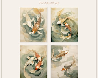 Koi Fish Wall Art Set of 4, Sage Green Japanese Koi Prints, Two Carp in Pale Water Printable Digital Download, Zen Bathroom Decor