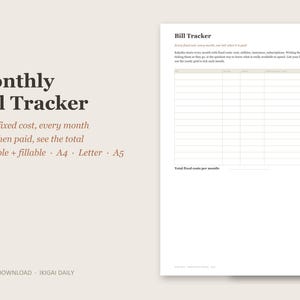 Puede incluir: Una plantilla de seguimiento de facturas mensual con texto marr&oacute;n oscuro sobre un fondo beige claro. El documento incluye un encabezado Bill Tracker, texto instructivo y una cuadr&iacute;cula para registrar gastos. Se indica como imprimible y rellenable.