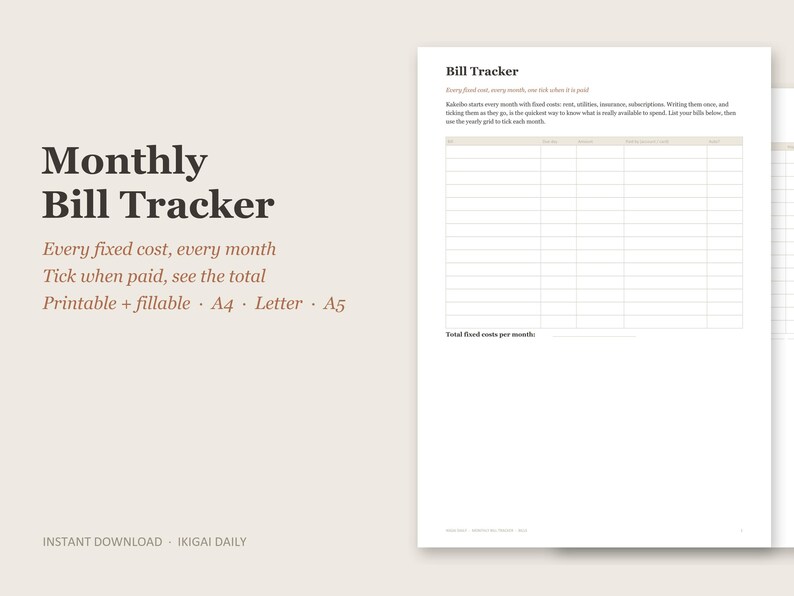 Puede incluir: Una plantilla de seguimiento de facturas mensual con texto marr&oacute;n oscuro sobre un fondo beige claro. El documento incluye un encabezado Bill Tracker, texto instructivo y una cuadr&iacute;cula para registrar gastos. Se indica como imprimible y rellenable.