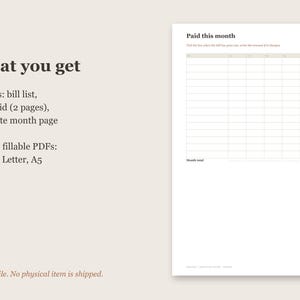 Puede incluir: Una p&aacute;gina de planificador digital titulada Paid this month con una cuadr&iacute;cula para rastrear facturas y fechas de vencimiento. El texto What you get enumera 4 p&aacute;ginas, incluyendo una lista de facturas, cuadr&iacute;cula anual y p&aacute;gina mensual en formatos A4, US Letter y A5.