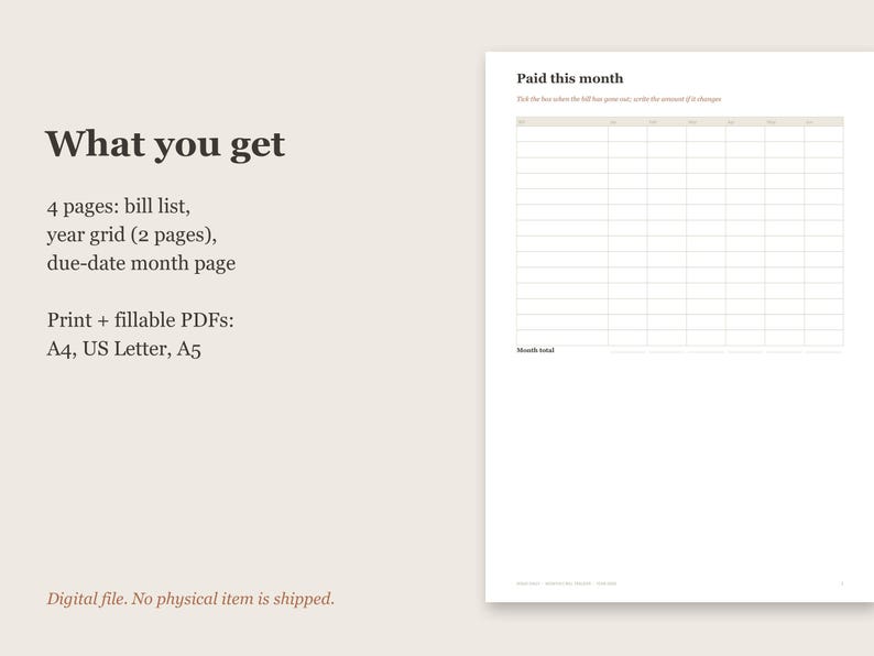 Puede incluir: Una p&aacute;gina de planificador digital titulada Paid this month con una cuadr&iacute;cula para rastrear facturas y fechas de vencimiento. El texto What you get enumera 4 p&aacute;ginas, incluyendo una lista de facturas, cuadr&iacute;cula anual y p&aacute;gina mensual en formatos A4, US Letter y A5.