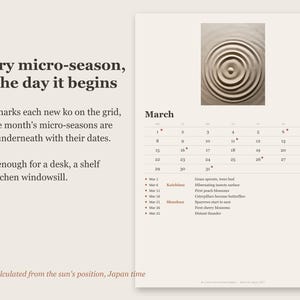 May include: A 2027 calendar page for March featuring a beige background, a top image of concentric water ripples, and a grid with dates marked by red dots. Text includes 'Every micro-season, on the day it begins' and a list of seasonal events.