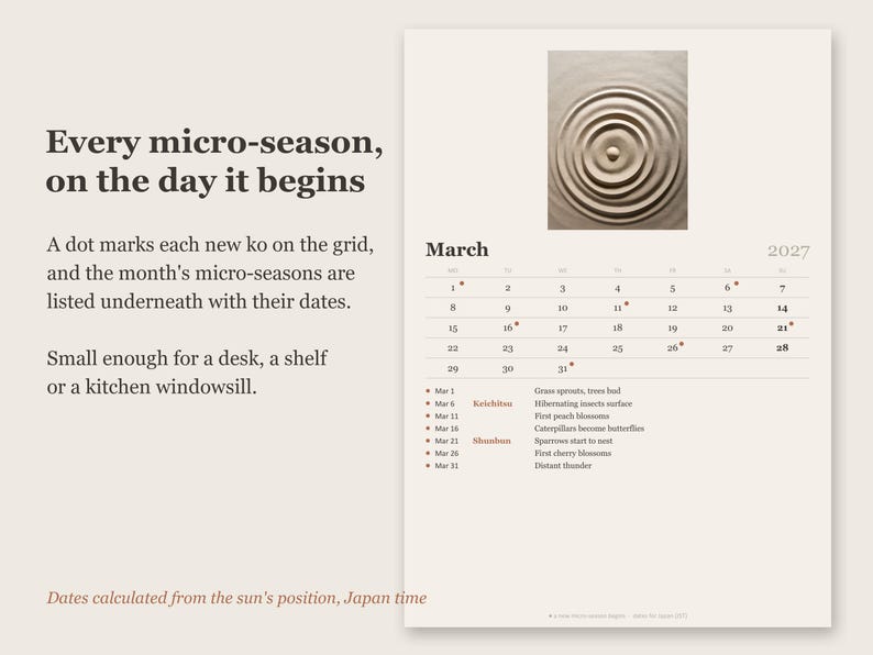 May include: A 2027 calendar page for March featuring a beige background, a top image of concentric water ripples, and a grid with dates marked by red dots. Text includes 'Every micro-season, on the day it begins' and a list of seasonal events.