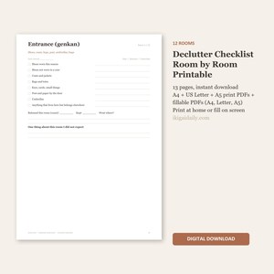 Declutter Checklist Room by Room Printable, 12 Rooms, Japanese Danshari Method, Kitchen Wardrobe Bathroom Paper Digital, A4 Letter A5