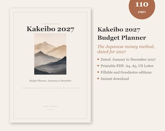 Puede incluir: Un planificador de presupuesto Kakeibo 2027 de 110 páginas con una ilustración de paisaje montañoso. El texto dice Kakeibo 2027, The Japanese money method, dated for 2027, January to December, Printable PDF: A4, A5, US Letter, Fillable and Goodnotes.