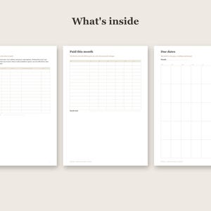 Puede incluir: Tres p&aacute;ginas de planificador blancas con texto negro y l&iacute;neas de cuadr&iacute;cula. Las p&aacute;ginas est&aacute;n tituladas What's inside, Bill Tracker, Paid this month y Due dates. Cada p&aacute;gina presenta columnas y filas organizadas para el seguimiento financiero.