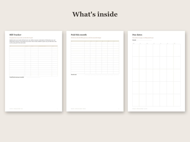 Puede incluir: Tres p&aacute;ginas de planificador blancas con texto negro y l&iacute;neas de cuadr&iacute;cula. Las p&aacute;ginas est&aacute;n tituladas What's inside, Bill Tracker, Paid this month y Due dates. Cada p&aacute;gina presenta columnas y filas organizadas para el seguimiento financiero.
