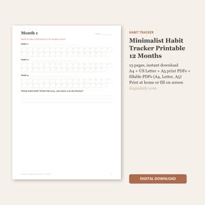 Puede incluir: Una página imprimible de seguimiento de hábitos en blanco con texto negro, que presenta Month 1, tres filas de hábitos con casillas numeradas del 1 al 31 y líneas de reflexión. El lado derecho muestra el texto: Habit Tracker, Minimalist Habit Tracker Printable 12 Months, 13 pages, instant download, A4 + US Letter + A5 print PDFs + fillable PDFs, y ikigaidaily.com.