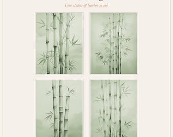 Sage Green Bamboo Wall Art Set of 4, Printable Japanese Ink Bamboo Prints, Muted Green Stalks Digital Download, Zen Decor
