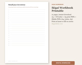 Puede incluir: Una página de cuaderno de ejercicios Ikigai imprimible titulada Small joys inventory con veinte líneas numeradas para escribir. El texto incluye Ikigai Workbook Printable, 21 páginas, PDFs A4, US Letter y A5, PDFs rellenables y un botón de descarga.