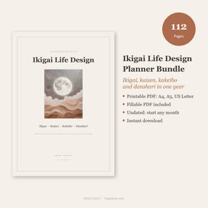 Puede incluir: Un paquete de planificador digital titulado Ikigai Life Design con 112 páginas. La portada muestra una luna llena sobre paisajes ondulados abstractos en tonos beige y marrón. El texto incluye Ikigai, Kaizen, Kakeibo y Danshari. Incluye formatos imprimibles A4, A5 y US Letter.