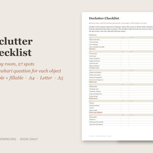 May include: A printable declutter checklist document featuring the title Declutter Checklist, room-by-room organization categories, and columns for dates and notes. The text includes Room by room, 27 spots, The danshari question for each object, Printable + fillable, A4, Letter, A5, and Instant Download Ikigai Daily.