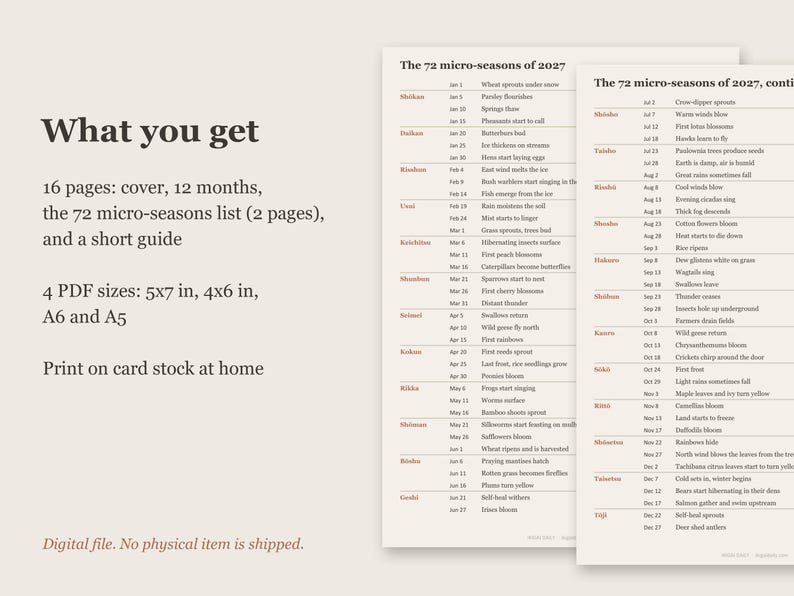 May include: A digital document titled The 72 micro-seasons of 2027, featuring a list of seasonal dates and descriptions. The text includes What you get, 16 pages, 4 PDF sizes: 5x7 in, 4x6 in, A6 and A5, and Digital file. No physical item is shipped.