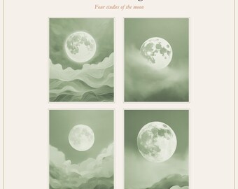 Sage Green Moon Wall Art Set of 4, Printable Japanese Full Moon Prints, Muted Green Sky Digital Download, Quiet Bedroom Decor