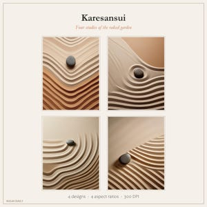 Zen Garden Wall Art Set of 4, Printable Karesansui Raked Sand Prints, Japanese Rock Garden Digital Download, Kyoto Minimalist Decor