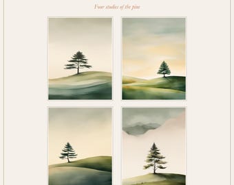 Pine Tree Wall Art Set of 4, Sage Green Japanese Ink Pine Prints, Lone Tree on Hill Printable Digital Download, Japandi Zen Decor