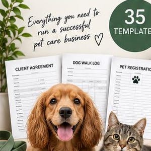Könnte beinhalten: Ein Starter-Paket für ein britisches Unternehmen für Hundebetreuung und Tiersitting mit 35 bearbeitbaren Vorlagen. Zu sehen sind ein goldbrauner Spaniel und eine getigerte Katze vor Dokumenten mit den Titeln Client Agreement, Dog Walk Log und Pet Registration.