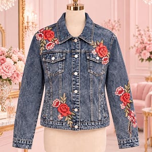 May include: A blue acid-wash denim jacket featuring a classic collar, long sleeves, and a button-front closure. The jacket is decorated with embroidered red and pink floral patterns on the right shoulder, left chest, lower front, and left sleeve.