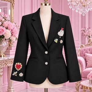 Handcrafted reworked black blazer hand embellished with colorful crystals