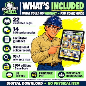 Op de afbeelding: Een digitale gids getiteld What Could Go Wrong? PSM Comic Guide met een werknemer in een blauwe helm en veiligheidsbril die een tablet vasthoudt. De gids bevat 22 geïllustreerde pagina's, 14 stripverhalen en een OSHA-referentiekaart.