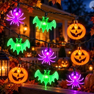 May include: A string of Halloween decorative lights featuring translucent plastic shapes in the form of purple spiders, green bats, and orange jack-o'-lanterns. The figures are illuminated from within and connected by a black electrical wire.