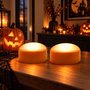May include: Two round, orange, battery-operated LED puck lights with frosted white tops that emit a warm, glowing light. These circular, portable lamps feature a smooth, solid-colored base and are positioned side-by-side on a wooden surface.