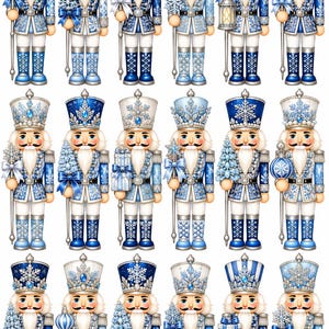 May include: A collection of eighteen nutcracker figures arranged in three rows. Each nutcracker features a blue and white color scheme with snowflake motifs, ornate uniforms, tall hats, and various accessories like lanterns, gifts, and staffs.