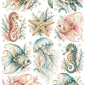 May include: A collection of aquatic illustrations featuring a sea turtle, starfish, jellyfish, seahorses, and various fish in shades of blue, pink, and gold. Each creature is surrounded by delicate coral, seaweed, and bubbles on a white background.