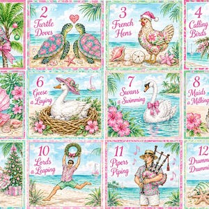 Op de afbeelding: Een collage van twaalf panelen die de twaalf dagen van Kerstmis uitbeeldt met een tropisch strandthema. Elk vierkant bevat genummerde tekst en kleurrijke scènes met vogels, zeeschildpadden, een parel in een schelp en feestelijk geklede figuren.