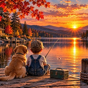 May include: A child wearing a baseball cap and denim overalls sits on a wooden dock next to a golden retriever dog. A fishing rod extends toward the water with a red and white bobber, and a green metal tackle box sits on the wooden planks.