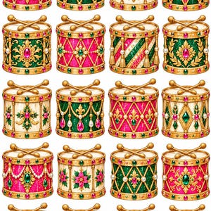 Versierde kersttrommel met juwelen van rijstpapier voor decoupage, felroze, smaragdgroen en goudkleurige notenkrakertrommelornamenten, glamoureuze kerstknutselprojecten