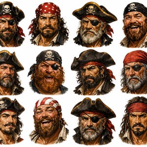 May include: A collection of twelve distinct pirate portraits featuring various characters with beards, mustaches, and long hair. The figures wear black tricorn hats with skull and crossbones emblems, red or patterned bandanas, and gold hoop earrings.