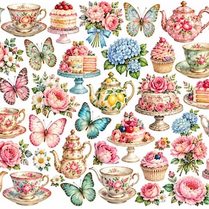 May include: A collection of illustrations featuring floral teapots, teacups with saucers, tiered cakes, cupcakes, bouquets of pink roses and blue hydrangeas, and colorful butterflies arranged on a white background for decorative use.