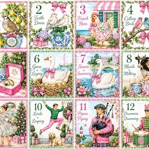 May include: A twelve-panel decorative print illustrating the Twelve Days of Christmas. Each square features a numbered scene with festive imagery, including birds, a ring in a box, a goose, a swan, a cow, dancers, a leaper, a piper, and a drummer.