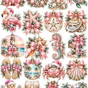 May include: A collection of coastal Christmas illustrations featuring pink bows, seashells, starfish, a sea turtle, a flamingo, a lighthouse, a seahorse, a crab, a snowman, champagne flutes, and a beach house, all decorated with festive greenery.