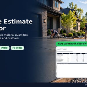 May include: A digital Concrete Estimate Calculator tool for construction projects. The interface displays the text Concrete Estimate Calculator, lists options for slab, driveway, patio, and footing, and shows a real workbook preview spreadsheet.