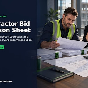 May include: A digital Subcontractor Bid Comparison Sheet Excel template featuring text that reads Estimate Toolbox, Professional Excel Template, Subcontractor Bid Comparison Sheet, Level five proposals, expose scope gaps and document a defensible award recommendation, Bid Leveling, Award Memo, and English + Spanish operator versions.