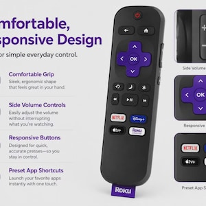May include: A black Roku remote control featuring a purple directional pad with an OK button, a power button, and dedicated shortcut buttons for Netflix, Disney+, Apple TV+, and The Roku Channel. The remote includes side volume controls.