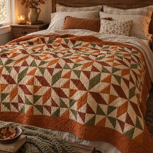 May include: A quilt featuring a geometric pattern of triangles in shades of cream, olive green, and burnt orange. The quilt has a solid burnt orange border with a quilted texture and is draped over a bed with matching pillows and bedding.