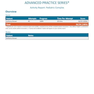 May include: A Sentinel U Advanced Practice Series Activity Report for Paediatric Complex, dated 17 June 2026. The document displays student Marion Angotti's final score of 20/20 for patient Anthony Brown, with 100% progress and 20 minutes time spent.