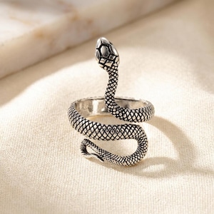 May include: A silver-toned metal ring shaped like a coiled snake. The ring features a textured, scale-like pattern covering the entire body of the serpent, with a detailed head raised at the top and the tail curving around the bottom of the band.
