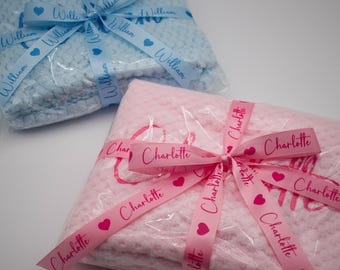 Personalised with Name Embroidered Baby Waffle Blanket comes with matching Ribbon